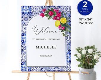 Mediterranean Lemon Bridal Shower Welcome Sign, Blue Tiles, Citrus Welcome Sign, Bridal Brunch, Hot Pink Flowers, Bougainvillea, ME16