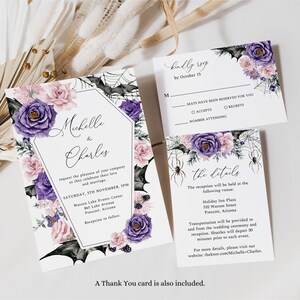 Lila und Pink Floral Gothic Hochzeitseinladung, Floral editierbare Vorlage, Halloween Hochzeitseinladung, Herbsthochzeitsankündigung, HAL11