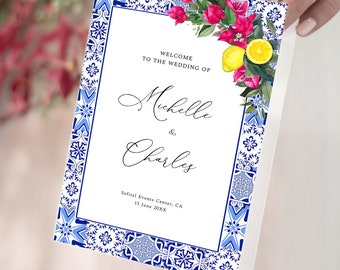 Mediterranean Lemon Wedding Program Booklet, Blue Tiles Lemon Wedding Program, Summer Wedding Program Template, Citrus Wedding Program, ME16