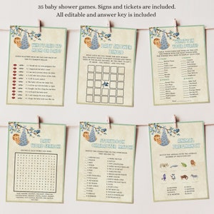 May include: A set of printable baby shower games with a blue and green color scheme. The games include "Who's Said It? Mom or Dad?", "Baby Shower Bingo", "What's in Your Purse?", "Baby Word Search", "Storybook Character Match", and "Animal Pregnancy".
