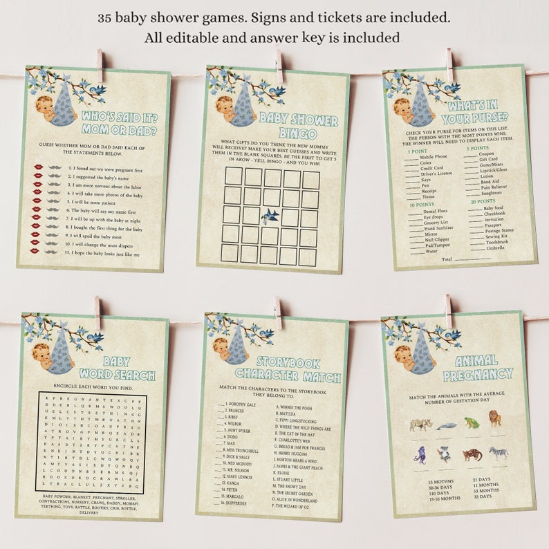May include: A set of printable baby shower games with a blue and green color scheme. The games include "Who's Said It? Mom or Dad?", "Baby Shower Bingo", "What's in Your Purse?", "Baby Word Search", "Storybook Character Match", and "Animal Pregnancy".