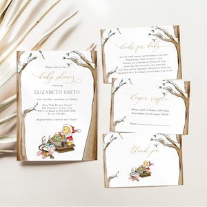 Winnie The Pooh Winter Baby Shower Invitation Set, Snow Baby Shower Invitation, Pooh Santa Christmas Holidays Baby Shower, Toboggan, WP06