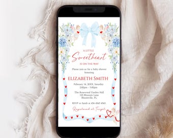A Little Sweetheart Baby Shower Electronic Invitation, Editable Valentine's Day Evite, Coquette Blue Bow and Hearts, Dusty Blue Flowers, B64