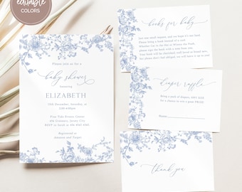 Dusty Blue Chinoiserie Baby Shower Invitation Set, Blue Floral Line Art, Botanical Invitation, Boy Baby Shower, Instant Download, SP15