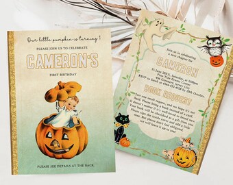 Retro Storybook Halloween First Birthday Invitation, Fall Pumpkin First Birthday Invite, Book Themed Party, A Little Pumpkin Invite, ST10