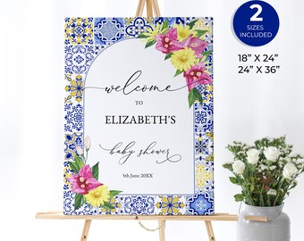 Mediterrane baby shower welkomstbord, blauwe tegels, hete roze bougainvillea, gele bloemen, Amalfi, Santorini, zomer babyshower, ME25