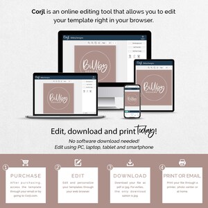 May include: A digital design template displayed on a laptop, desktop, tablet, and smartphone. The text reads "Corjl is an online editing tool" and "Edit, download and print today!" Instructions for purchase, edit, download, and print are also shown.