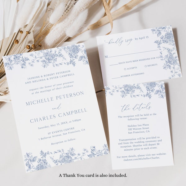 Dusty Blue Wedding Invitation Set, Blue Floral Line Art, Botanical Invitation Template, Printable Bridal Shower, Instant Download, SP16