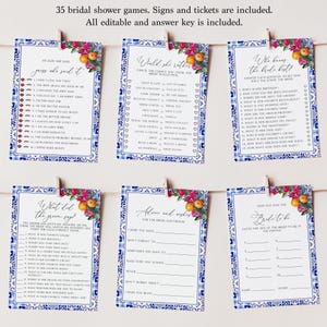 Mediterranean bridal shower games, Blue tiles oranges hot pink bougainvillea, printable bridal shower games, citrus printable card, ME12