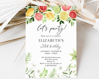 Citrus Lemon Birthday Invitation, Tropical Birthday Invite, Pastel Citrus Birthday, Lemon Limes and Grapefruit, Summer Fruits Invite, SP35