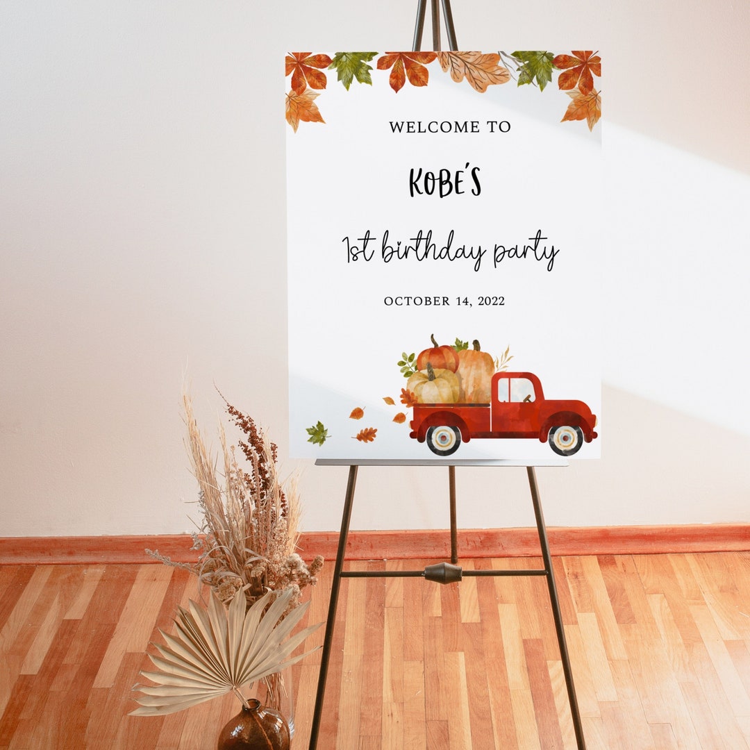 Fall Red Truck Birthday Welcome Sign, Autumn Birthday, Orange Pumpkin ...