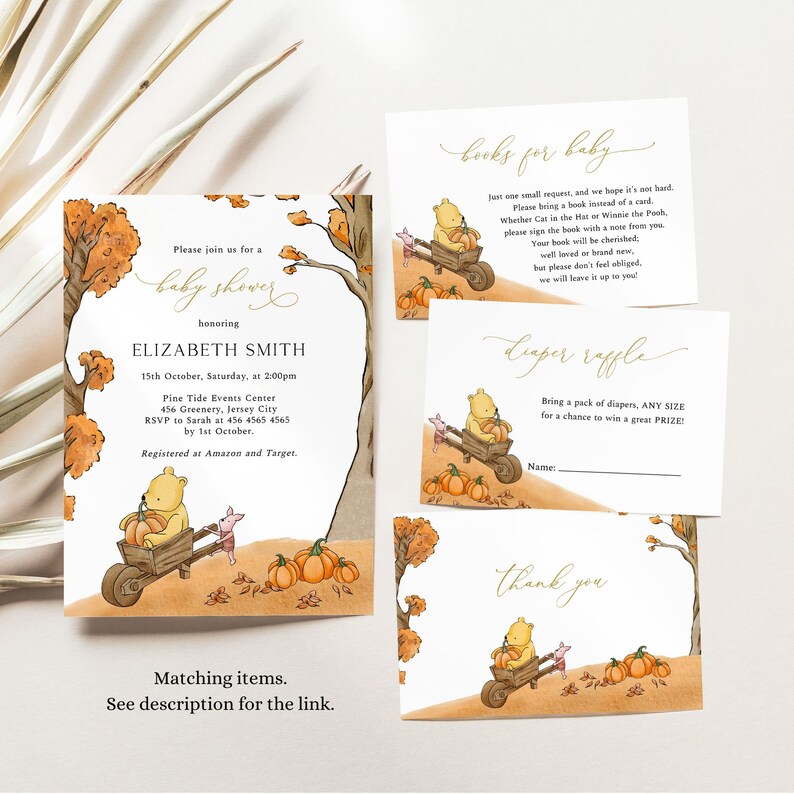 May include: A set of baby shower invitations and inserts with a fall theme. The main invitation features text for Elizabeth Smith's baby shower, with illustrations of Winnie the Pooh, Piglet, pumpkins, and trees. Additional cards include requests for books and a diaper raffle.