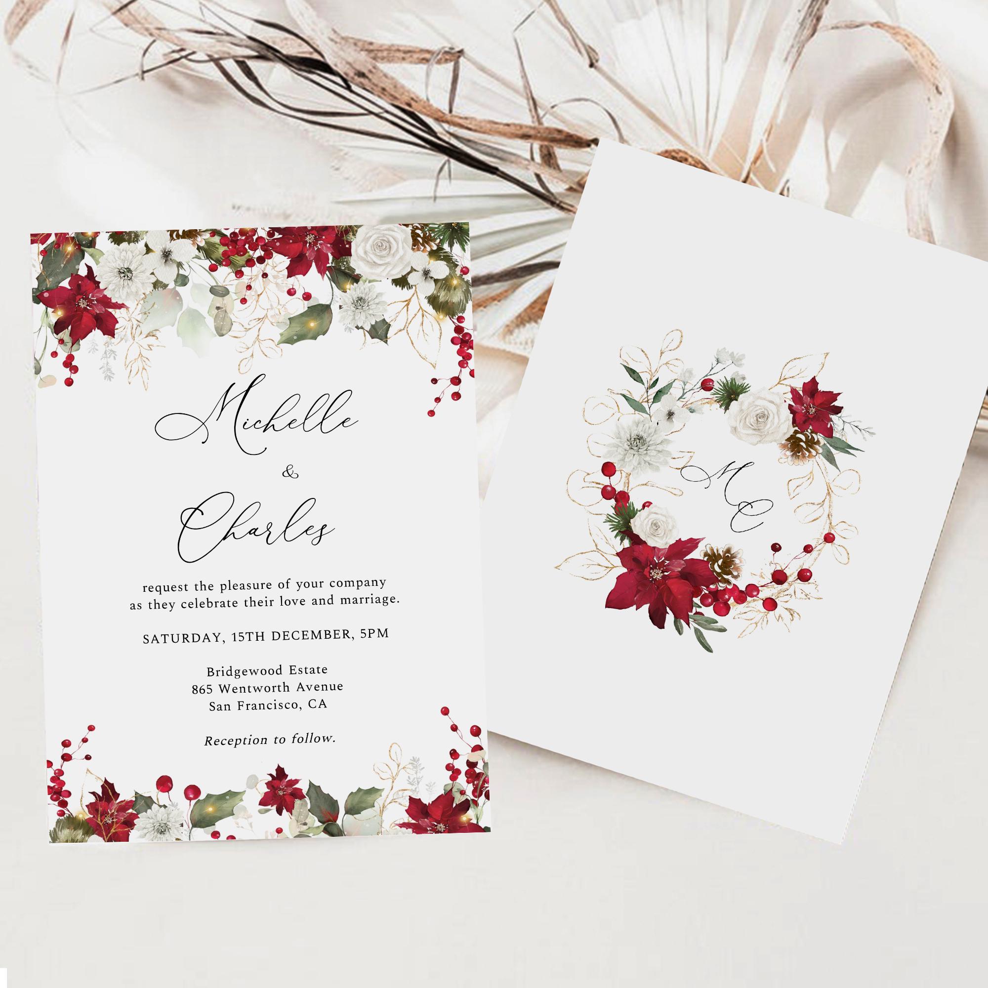 Winter Red and White Flowers Wedding Invitation, Christmas Wedding ...
