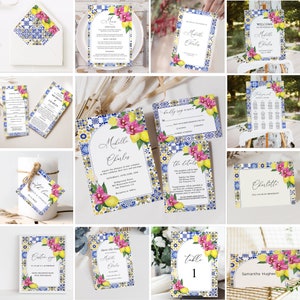 Mediterranean Lemon Wedding Invitation Bundle, Blue Azulejo Tiles, Summer Wedding Invitation Bundle, Bougainvillea Invite, Greece, ME2