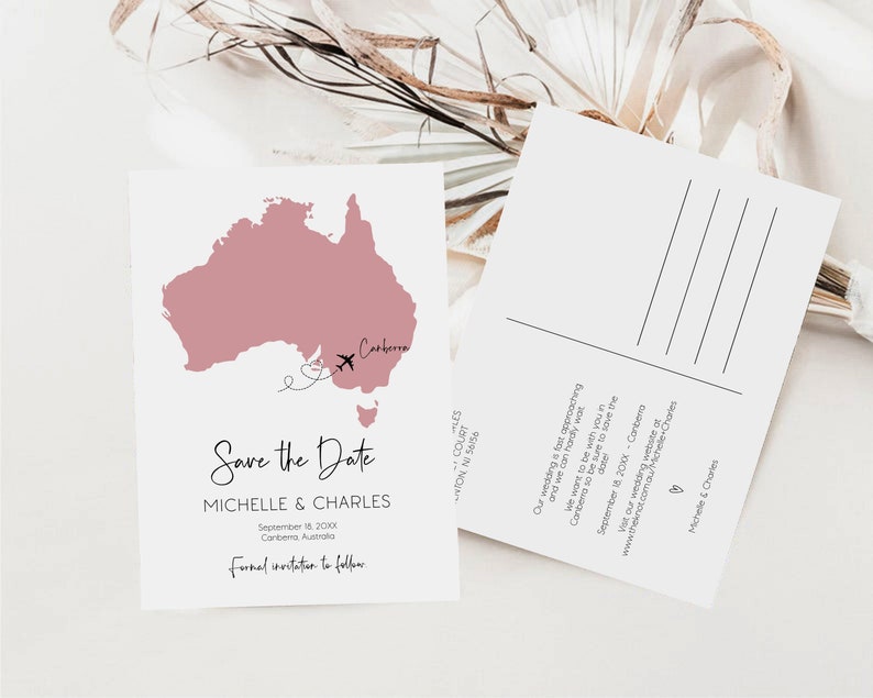 Australia Save the Date Template with Postcard, Travel Invitation, Editable Wedding Invite, Printable Card, Australian Map image 1