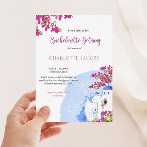 May include: Invitation to a bachelorette getaway in Mykonos, Greece, featuring a watercolor illustration of white buildings with blue accents and pink flowers. The invitation includes the name Charlotte Jacobs, dates April 8-15, 20XX, and RSVP information.