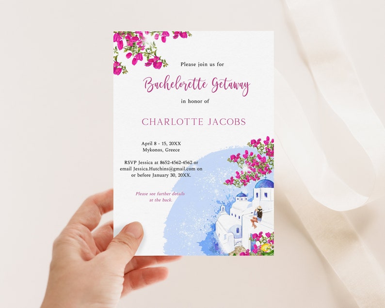 May include: Invitation to a bachelorette getaway in Mykonos, Greece, featuring a watercolor illustration of white buildings with blue accents and pink flowers. The invitation includes the name Charlotte Jacobs, dates April 8-15, 20XX, and RSVP information.