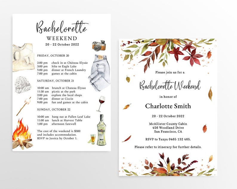 May include: Two white cards featuring a Bachelorette Weekend itinerary for Charlotte Smith. The left card lists activities from October 20-22 with watercolor illustrations of a sweater, camera, jeans, wine glass, and campfire. The right card has autumn leaves.