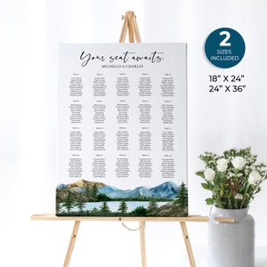 Tabella dei posti a sedere in montagna e sul lago, targa del parco nazionale, numeri di un tavolo di montagna, matrimonio nel parco nazionale, matrimonio nel Forest Lake, Callie