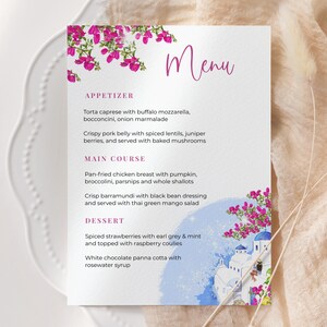 Szablon menu Santorini, szablon menu Grecja, szablon menu Bougainvillea, szablon menu Fuchsia Magenta, wydrukowane menu tropikalne