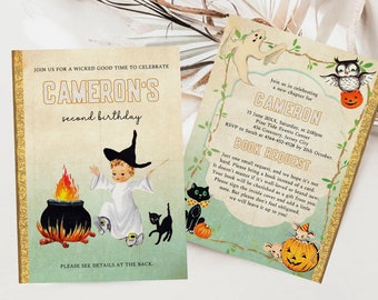 Retro Märchen-Halloween-Geburtstags-Einladung, Halloween-Hexe-Geburtstags-Einladung, Spukzeit-Einladung, Mädchen-Geburtstag, ST11