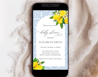 Mediterranean Lemon Baby Shower Electronic Invitation, Baby Blue Tiles Digital Evite, Boy Baby Shower, Italian Citrus Baby Shower, ME31