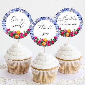 Mediterranean Bridal Shower Cupcake Toppers, Blue Tiles Citrus Oranges Bougainvillea Labels, Printable Party Decor, Editable Template, ME12