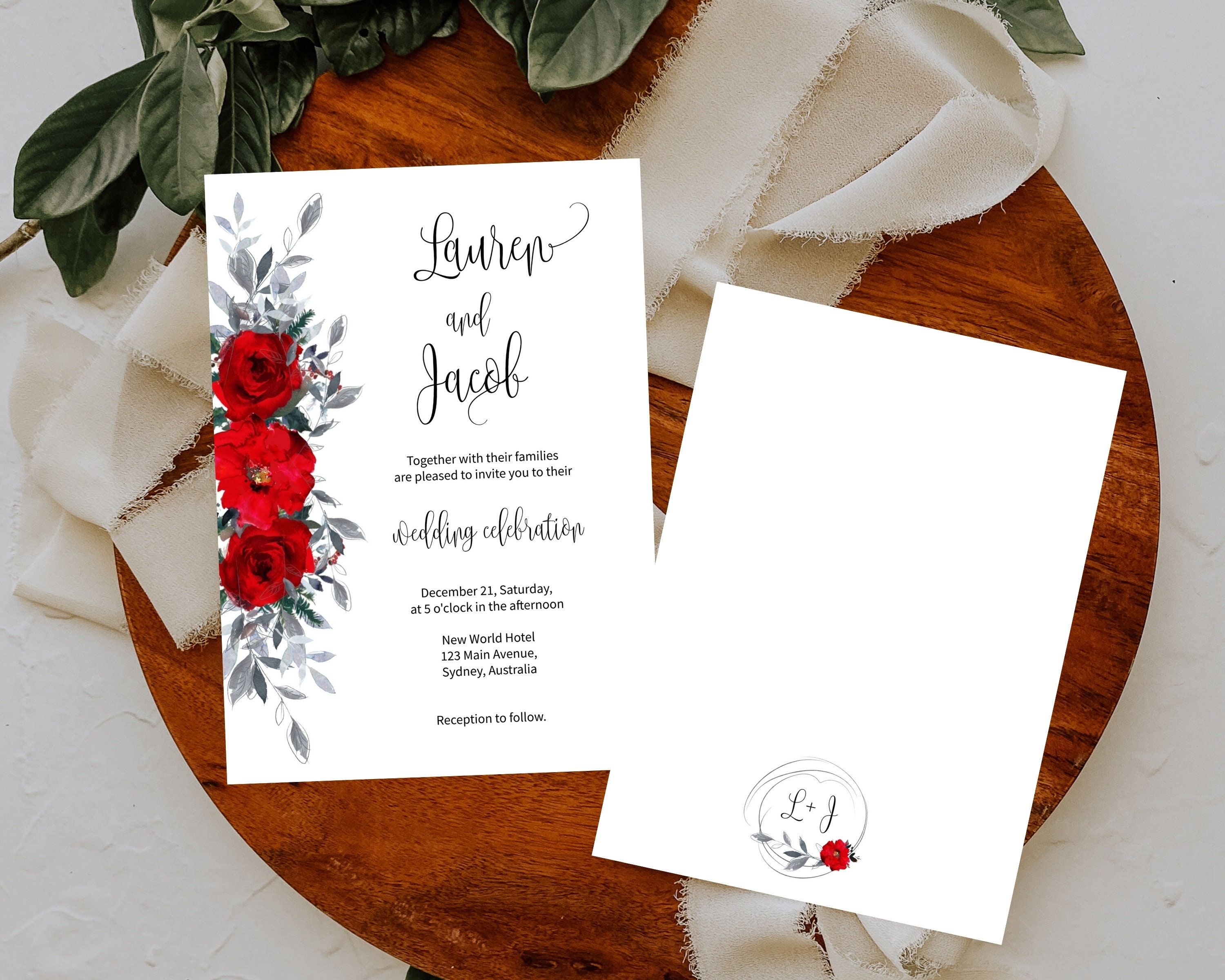 Red roses winter wedding invitation red roses wedding | Etsy
