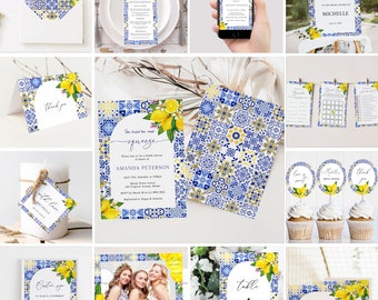 Mediterranean Lemon Bridal Shower Bundle, Blue Azulejo Tiles, Summer Bridal Shower Large Bundle, Citrus Bridal Shower, Greece Santorini, ME3