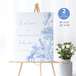 Safari Toile De Jouy Baby Shower Welcome Sign, Blue Chinoiserie Baby Shower Decor, Safari Animals, Boy Baby Shower, Instant Download, SP44