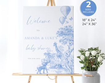 Safari Toile De Jouy Baby Shower Welcome Sign, Blue Chinoiserie Baby Shower Decor, Safari Animals, Boy Baby Shower, Instant Download, SP44