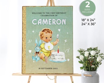 Retro Storybook Erster Geburtstag Willkommensschild, Geburtstagsschild zum Thema Kapitelbuch, Jungen-Geburtstagsschild, bearbeitbares Vintage-Kuchen-Geburtstagsschild, ST8