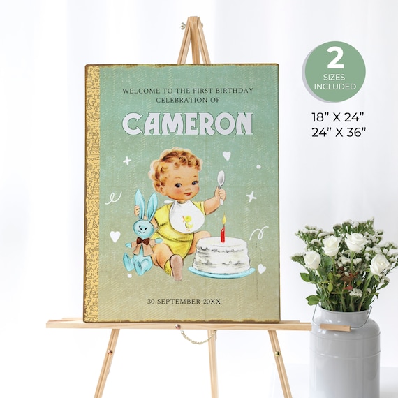 Retro Storybook First Birthday Welcome Sign, Chapter Book Themed Birthday Sign, Boy Birthday Sign, Editable Vintage Cake Birthday Sign, ST8