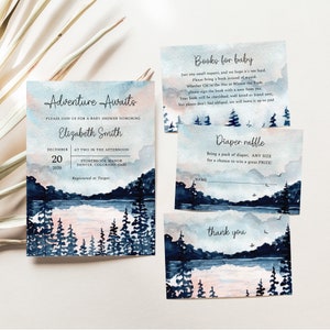 Boy baby shower invitation, mountain baby shower invitation, Lake Forest, blue baby shower invite, Woodland rustic invite, instant download