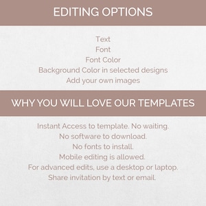 May include: A digital graphic with text in a serif font. The text includes "EDITING OPTIONS" and "WHY YOU WILL LOVE OUR TEMPLATES." Editing options include text, font, and font color. Templates offer instant access, no software download, and mobile editing.