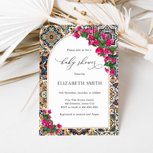 Bougainvillea and Spanish Baby Shower Invitation, Summer Baby Shower, Girl Baby Shower, Hot Pink Flowers, Mediterranean Italy, ME13