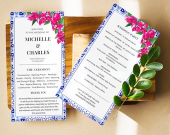 Blue Tiles Wedding Program Template, Mediterranean Summer Bougainvillea Wedding Program, Order of Events, Italian Santorini, Fuchsia, ME5