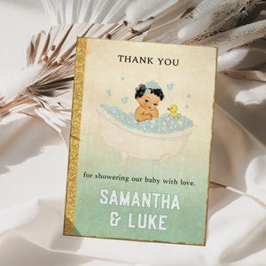 Modello di biglietto di ringraziamento con libro di fiabe retrò, biglietto stampabile per baby shower a tema libro di capitoli, baby shower vintage, baby shower a forma di anatra, ST2GD2