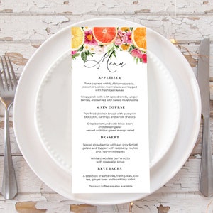 Modèle de menu imprimable agrumes, citrons et oranges, fleurs aux couleurs vives, fleurs roses, méditerranéen, menu de mariage estival, téléchargement immédiat, ME20