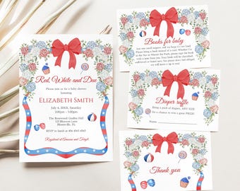 Red White and Due Baby Shower Invitation Set, 4th of July Theme Baby Shower Invitation, Patriotic Memorial Day Baby Shower, Coquette Bow,B69