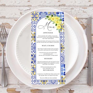 Plantilla de menú mediterráneo, menú imprimible con margaritas, Santorini toscano, Santorini, menú editable, boda de verano, flores amarillas, ME28