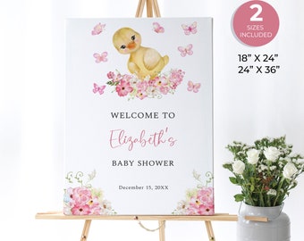 Ente-Baby-Dusche Willkommensschild, Enten-Baby-Dusche-Zeichen, Bauernhof-Baby-Dusche benutzerdefinierte Zeichen, rosa Schmetterlinge, niedliches Baby Tier, Instant Download