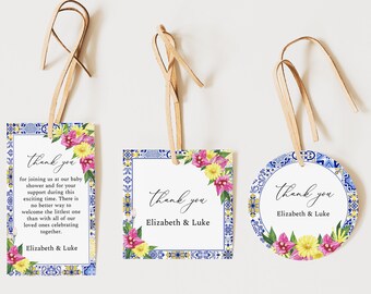 Mediterrane baby shower cadeau tag, gele bloemen, bougainvillea, zomer baby shower gunst tags, bruids douche dank u tags, ME25