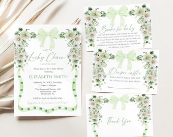 Green Bow Lucky Charm Baby Shower Invitation Set, St Patrick's Day Baby Shower Invitation, Shamrock Baby Shower, Green and White Flowers,B65