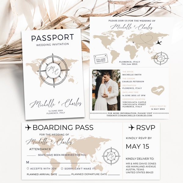 Pass-Hochzeitseinladung, Hochzeit am Bestimmungsort, Pass-Einladung, Pass-Hochzeits-Reihe, Bordkarte, Reise-Hochzeit, Save The Date