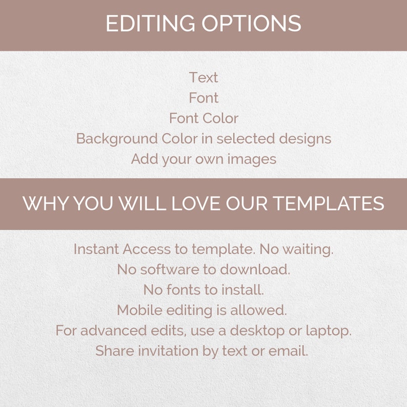 May include: A digital graphic with text in a serif font. The top section reads "EDITING OPTIONS" and lists text, font, and font color options. The bottom section says "WHY YOU WILL LOVE OUR TEMPLATES" and lists features like instant access and mobile editing.
