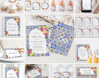 Mediterranean Baby Shower Invitation Big Bundle, Blue Tiles, Bougainvillea, Yellow Flowers, Italian, Santorini, Summer Baby Shower, ME25