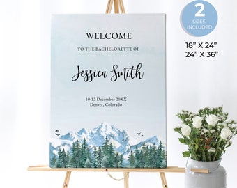 Winter mountain bachelorette welcome sign, snowy mountain hens party sign, forest, blue mountain, pine trees, winter holiday sign, Skadi