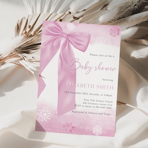 Editable Pink Bow Winter Baby Shower Invitation, Coquette Christmas Holiday Snowflake Invite, Snowfall Winter Wonderland Template, W55