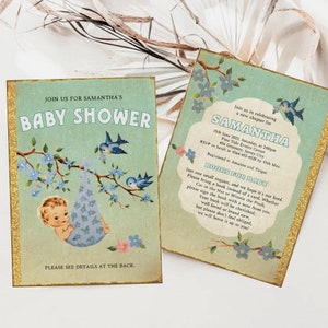 May include: A blue and green baby shower invitation with a vintage book design. The invitation features a baby in a blue and white hat, surrounded by bluebirds and flowers. The text on the invitation reads "Join us for Samantha's Baby Shower".
